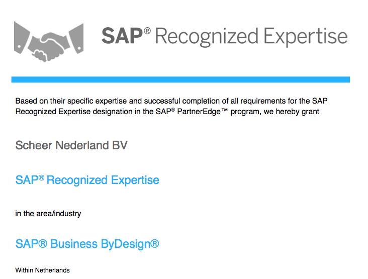 SAP Recognised Expertise Partner voor SAP Business ByDesign certificaat